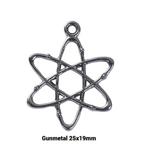 May include: Gunmetal atom charm pendant, measuring 25x19mm. The charm is a detailed representation of an atom with a circular loop at the top for attaching to a chain or bracelet.