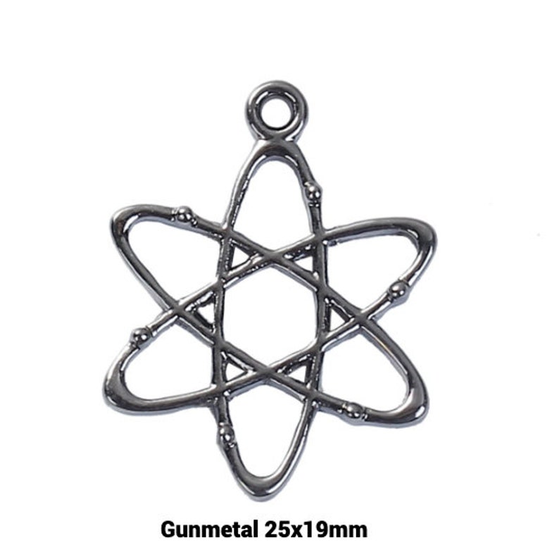 May include: Gunmetal atom charm pendant, measuring 25x19mm. The charm is a detailed representation of an atom with a circular loop at the top for attaching to a chain or bracelet.
