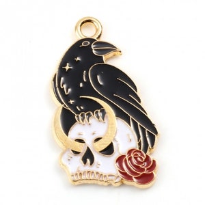 5 Gold Plated and Enamel Crow on Skull Charms 26 x 17mm (b175e)