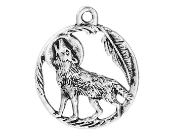 5 Antique Silver Round Metal Alloy Howling Wolf Charms 25x21mm (B75m)
