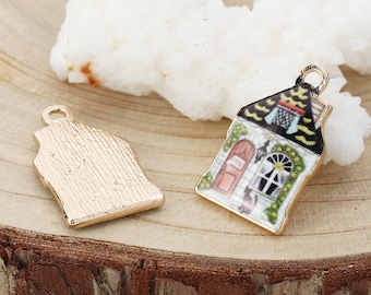 5 Gold Plated & Enamel House Charms 22 x 13mm (B31g)