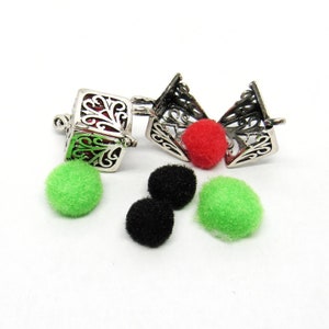 2 Antique Silver Tone Cube Prayer Box Pendant Sets with 6 Random Color Pom Poms 13mm  (B111a)