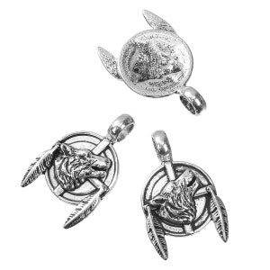 May include: Three silver charm pendants featuring a wolf's head inside a circle with feathers on either side.