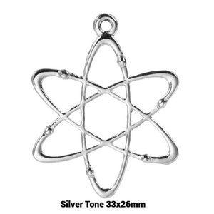 May include: Silver tone atom charm pendant, 33mm x 26mm, with a detailed atomic structure design.