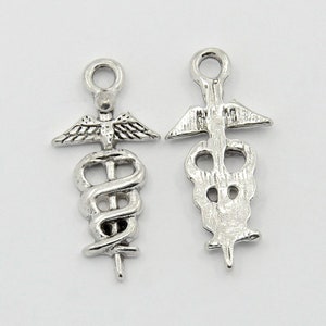 10 Antique Silver Metal Alloy Caduceus Symbol Charms 26 x 12mm (B37d)