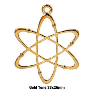 May include: Gold-tone metal charm shaped like an atom, measuring 33mm by 26mm.