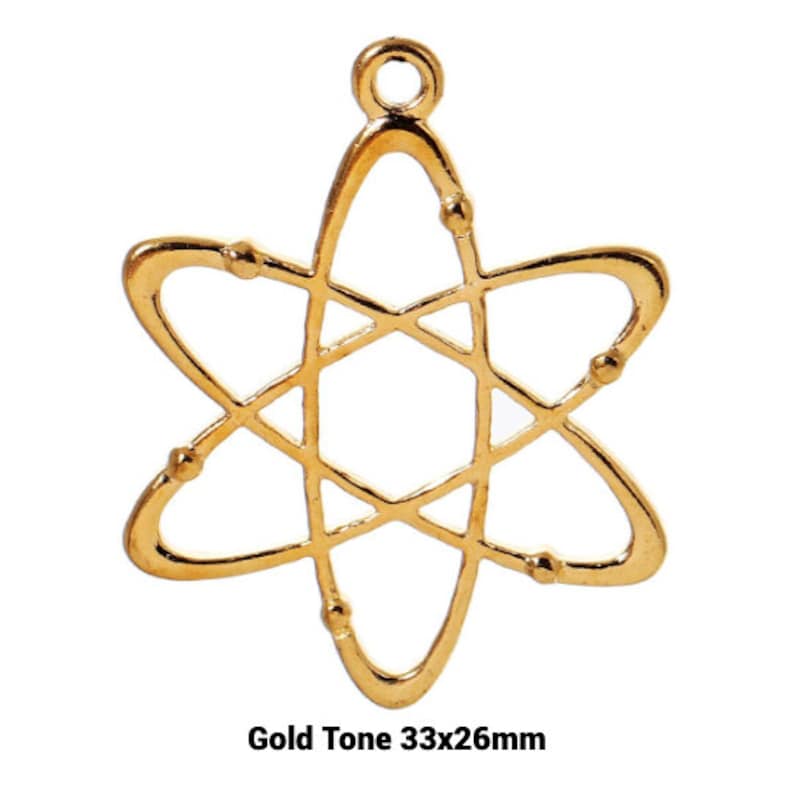 May include: Gold-tone metal charm shaped like an atom, measuring 33mm by 26mm.