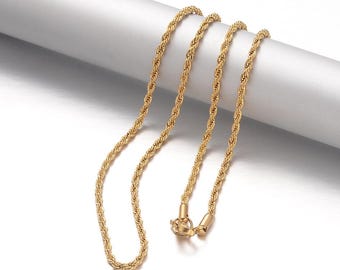 May include: A gold-toned rope chain necklace with a lobster clasp closure.