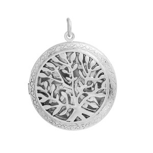 May include: Silver locket pendant featuring a tree of life design. The locket is round and has a detailed border. The tree is intricately designed with branches and leaves.