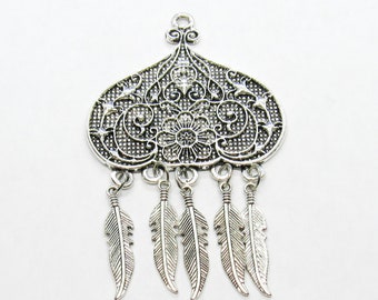 1 Lg Antique Silver Metal Alloy Pendant with Carved Design & Feathers 48mm x 72mm (B139n)