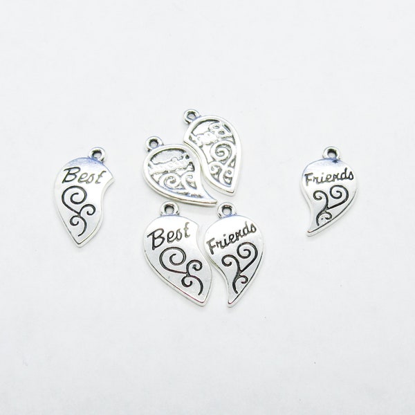 3 Sets (6pcs) Antique Silver Tone "Best Friend" Broken Heart Pendants 23x12mm (B128i)