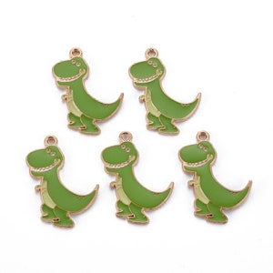 5 Gold Plated & Enamel Metal Alloy Green Dinosaur Charms 28x22mm (B170e)