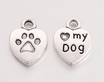 20 Silver Tone "Heart" My Dog Heart Charms w/ Paw Print 13 x 10mm (B130L)