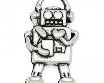 10 Antique Silver Metal Alloy Robot Charms 17x10mm (B157e)