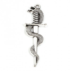 May include: Silver pendant charm featuring a snake wrapped around a dagger. The snake is detailed with scales and the dagger has a pointed tip.