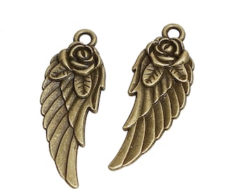 5 Antique Bronze Angel Wing Charm Pendants 30 x 9mm (B100a)