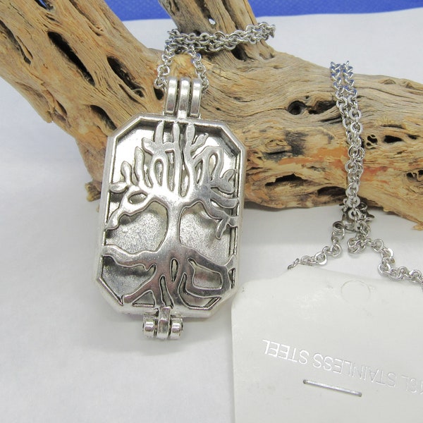 1 Antique Silver Tone Rectangular Aromatherapy Essential Oil Diffuser Locket Pendant w/ Tree of Life on Chain (B188m)