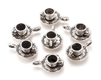 5 Antique Silver 3D Tea/Coffee Cup & Saucer Charms 26x18.5x10mm (B102k)