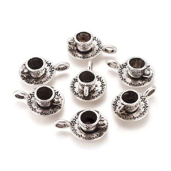 5 Antique Silver 3D Tea/coffee Cup & Saucer Charms 26x18