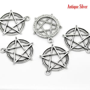 Antique Silver Pentagram Round Charm Pendants 31x28mm (5m/146e)