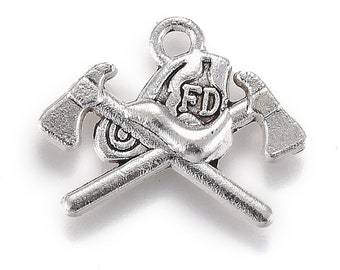 Antique Silver Alloy Firefighter Helmet/Axes Charm/Pendants 15x20mm (B127s/211f)