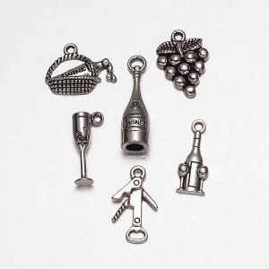 Set of 6 Silver Tone Metal Alloy Wine Theme Charms (B108h)