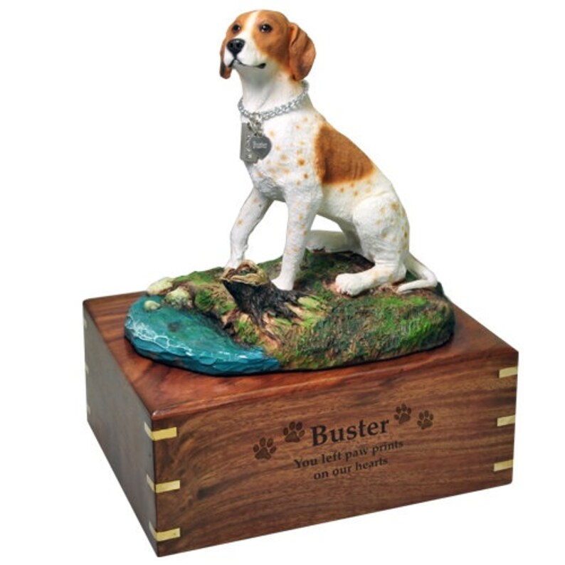 Pet Cremation Urns Pointer Dog Wooden Cremation Urn with Figurine Engraved Dog Tag