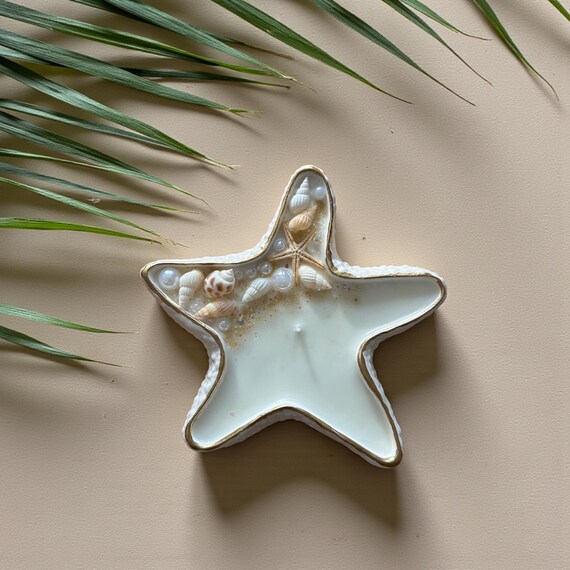Starfish Home Décor Candle: Neutral 70g Star Fish Candle in Reusable Bowl with Beach Shells, Eco-Friendly Handmade Ocean Trinket Dish Bowl