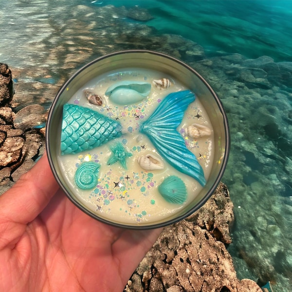 The Mermaid Candle: Personalised 8oz Mermaid Tail Candle with Lid & Gift Box | Black Tin, Soy Wax Seashells, Glitter, Beach Lover Gift