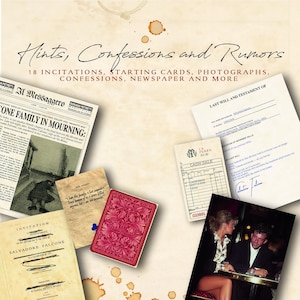May include: A collection of ephemera including a newspaper clipping, invitation, playing card, cash sale receipt, and a photograph. The headline reads "Hints, Confessions and Rumors". The items are arranged on a beige background with coffee stain accents.