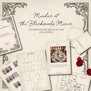 Op de afbeelding: Een moordmysterie rollenspel voor 18 personen, dat zich afspeelt in Blackwoods Manor. Het spel bevat een gastenlijst, een plattegrond van het landhuis en een beschrijving van de eetkamer. Het spel is ontworpen voor volwassenen en heeft een moordmysterie thema.
