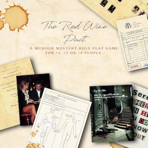 Op de afbeelding: Een afbeelding van een moordmysteriespel genaamd "The Red Wine Pact". De afbeelding bevat verschillende rekwisieten zoals een uitnodiging, een kassabon en foto's van de plaats delict. Het spel is ontworpen voor 12, 15 of 18 personen.