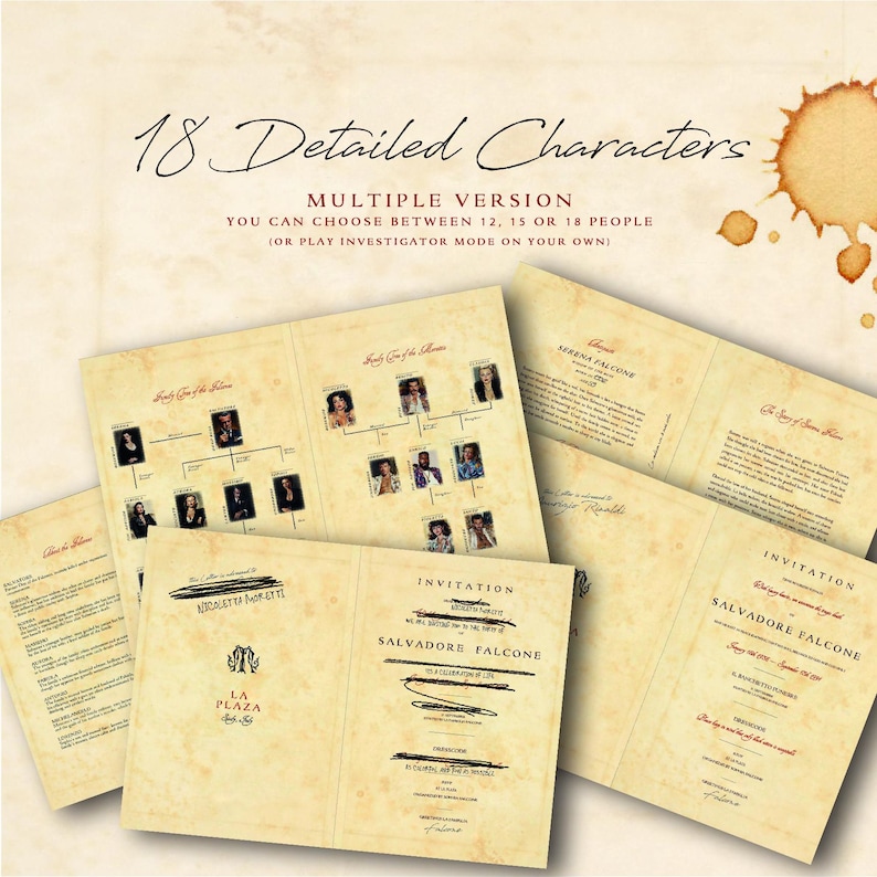 May include: A collection of vintage-style invitations and character cards. The cards feature family trees, character portraits, and text, including "18 Detailed Characters" and "Invitation". The color palette is cream and brown, with a coffee stain in the upper right corner.