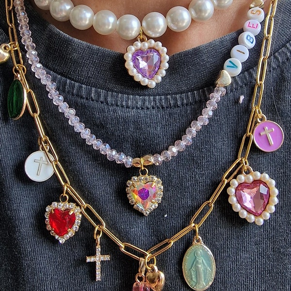 Neue Mode, Perlenkette, Damenhalsband mit Strasssteinen, Anhänger, Charm-Kette, Kreuz, Engel, Herz, heilige Halskette, religiöse Halskette
