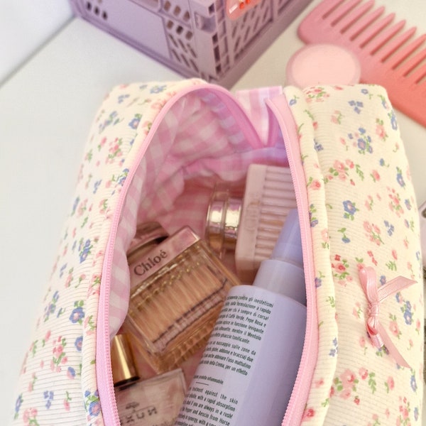 Make-up tas, buideltas, make-up tas, beauty case, handgemaakt, gewatteerd, toilettas, badstof, Liberty, beauty tas, zip, gingham