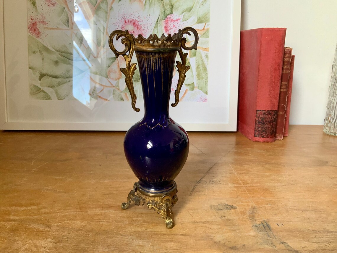 Antique blue vase with hand painted lady Etsy