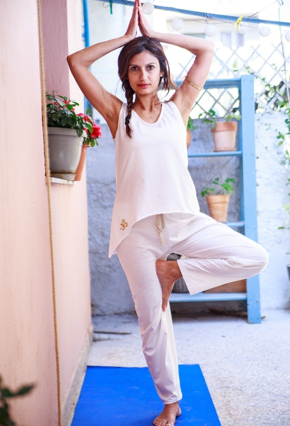 Yoga set, yoga tank and pants, cotton, white , yoga outfit
