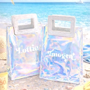Personalised Clear PVC Tote Bag: Holographic Shimmer, Custom Name Party Favor