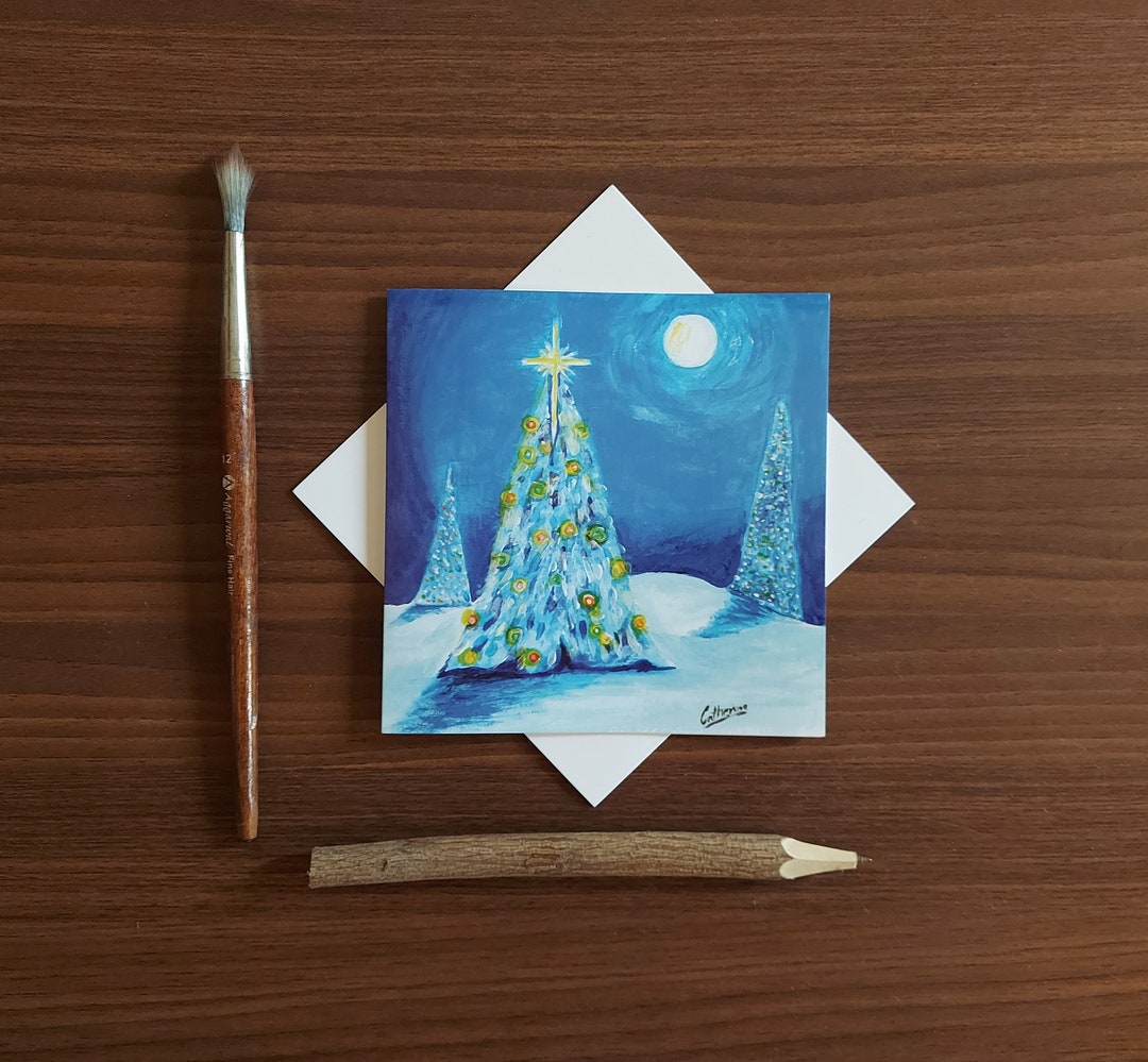 Pack of 5 Christmas Tree Cards: Evergreen Trees With Lights in Snow ...