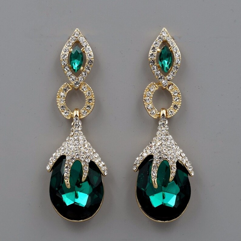 Free shipping 18K Gold Plated GP Emerald Green Crystal Rhinestone chandelier earrings Wedding Gift for her dangle earrings Gift for mom