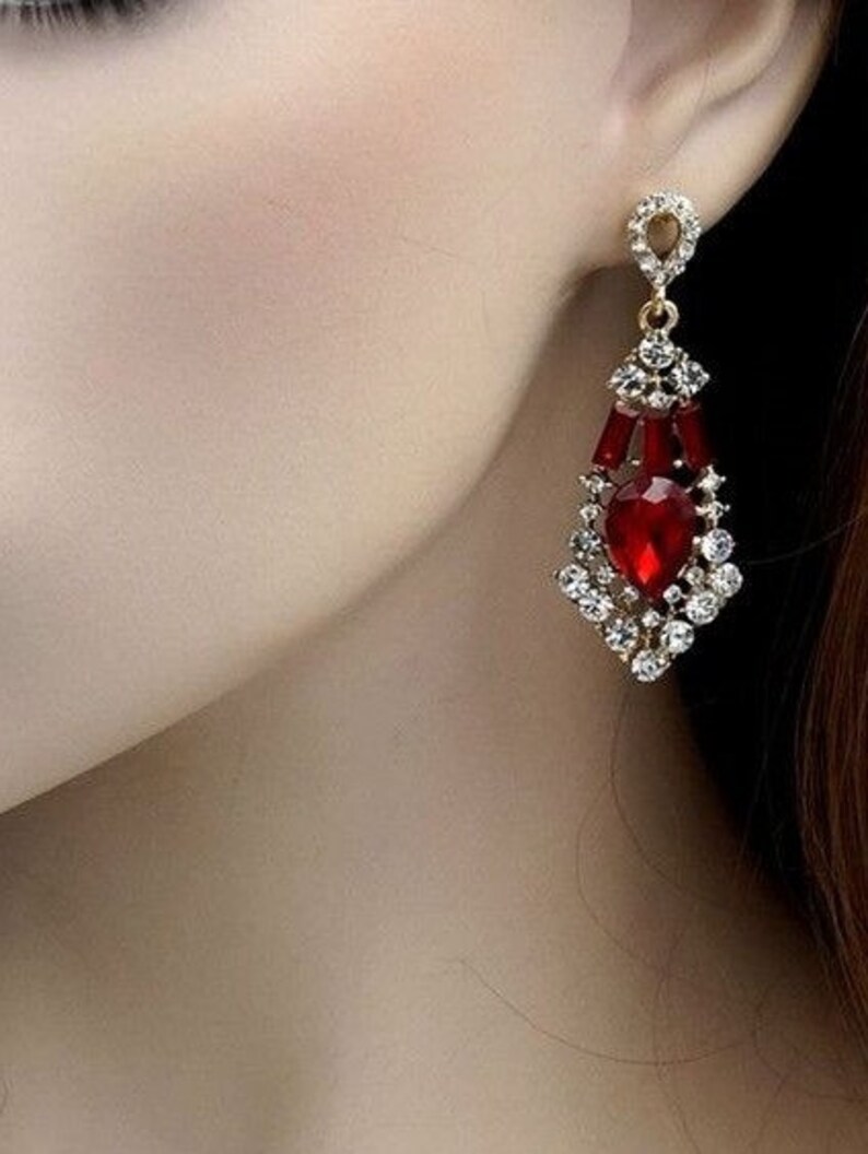 Chandelier Earrings Wedding Gift for women Free shipping 18K Gold Plated GP Red Crystal Rhinestone Dangle Drop Earrings Prom Earrings