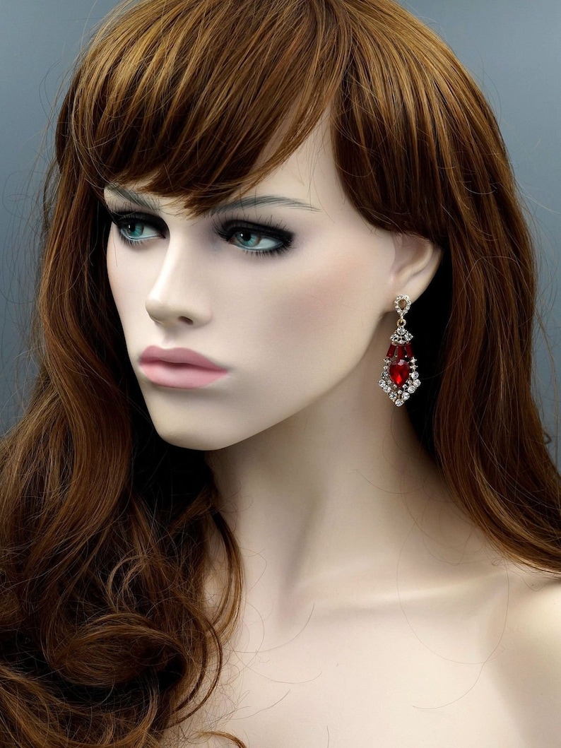 Chandelier Earrings Wedding Gift for women Free shipping 18K Gold Plated GP Red Crystal Rhinestone Dangle Drop Earrings Prom Earrings