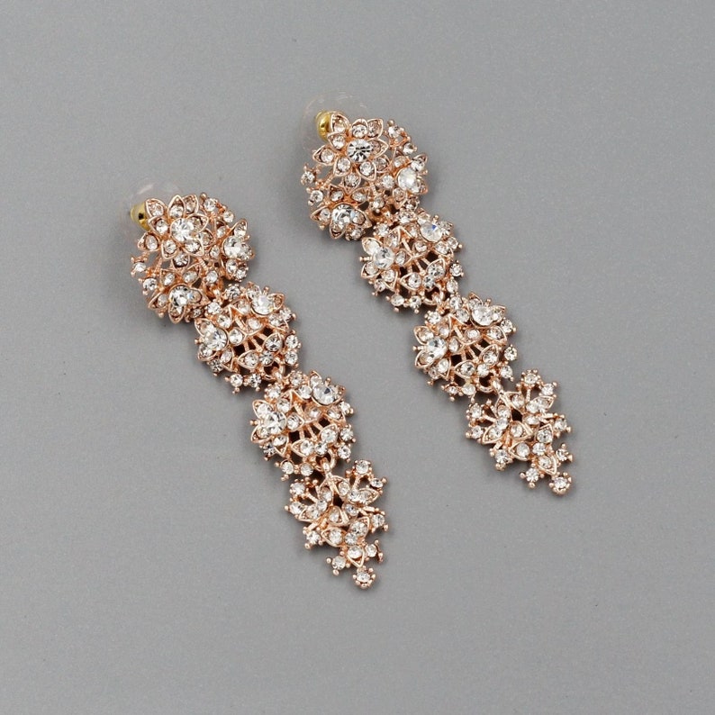 Free shipping ROSE GOLD Plated Clear Crystal Rhinestone Dangle Drop Earrings Gift for women Wedding Chandelier Earrings Prom Earrings