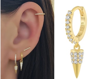 Cz spike hoop earrings , cz spike huggies , gold spike hoops , 18 carat on 925 sterling silver , gold hoops , cz huggies , cz hoops