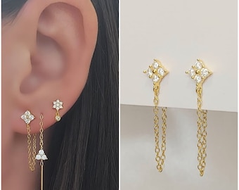 Pendientes cz de oro, pendientes largos de tachuelas, plata de ley 925, chapados en oro de 18 quilates, pendientes cúbicos de zirconia, pendientes