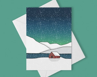 Snowy Northern Lights Nordic Iceland Christmas Greeting Card