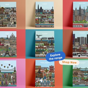 May include: A collage of nine colorful city skyline illustrations. Each illustration features a unique city, including Leeds, London, New York, Paris, Glasgow, Croydon, Bristol, Disney World, and Budapest. The illustrations are in a pixelated style and feature iconic landmarks and buildings from each city.