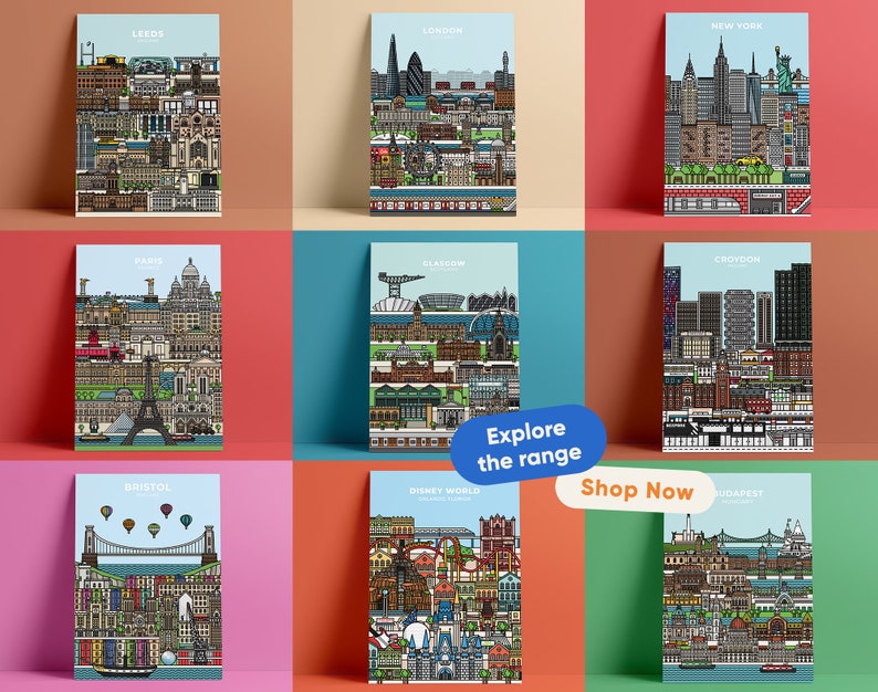 May include: A collage of nine colorful city skyline illustrations. Each illustration features a unique city, including Leeds, London, New York, Paris, Glasgow, Croydon, Bristol, Disney World, and Budapest. The illustrations are in a pixelated style and feature iconic landmarks and buildings from each city.