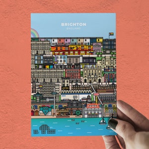 May include: A colourful illustration of the Brighton skyline in England. The illustration features buildings, a pier, and the ocean. The text "Brighton, England" is at the top of the illustration.