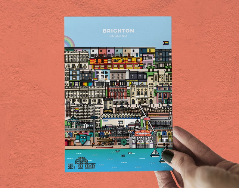 May include: A colourful illustration of the Brighton skyline in England. The illustration features buildings, a pier, and the ocean. The text "Brighton, England" is at the top of the illustration.